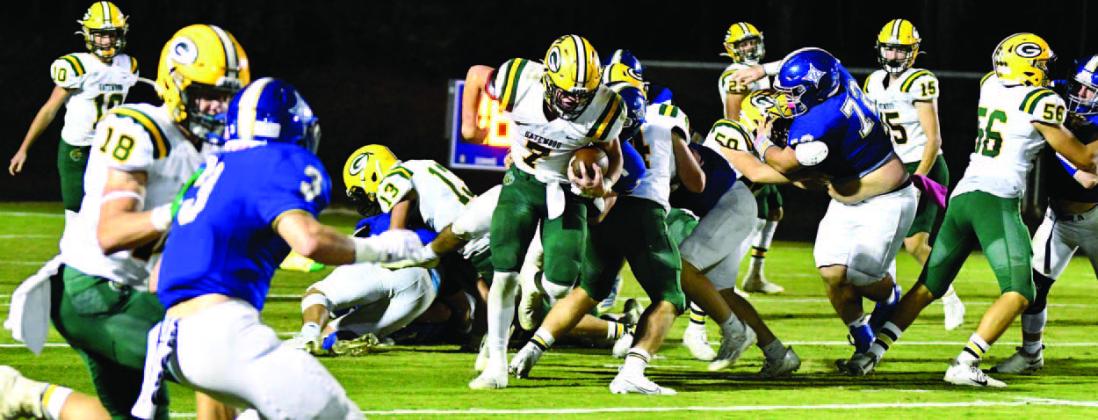 Evan Bennett (7) breaks free to gain a few yards on the ground for Gatewood last Friday night against the Brentwood War Eagles in Sandersville. DAWN SINCLAIR/Contributed